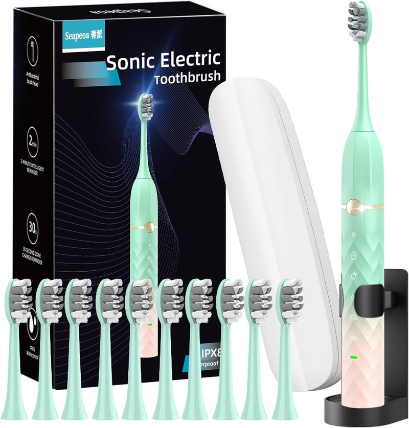 Seapeoa Electric Toothbrush Set, Equipped with 10 Brush Heads and Travel case, IPX8 Waterproof, 2-Minute Timer, 42000 high-Frequency Vibrations, 5 Modes, The First Choice for Gift Giving - Image 1